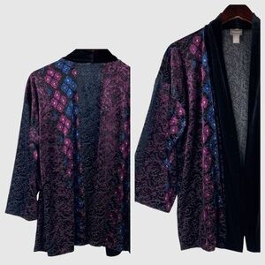 Chico’s Sz 2 (Large 12 14) Burnout Velvet Kimono Open Cardigan Jacket Purple